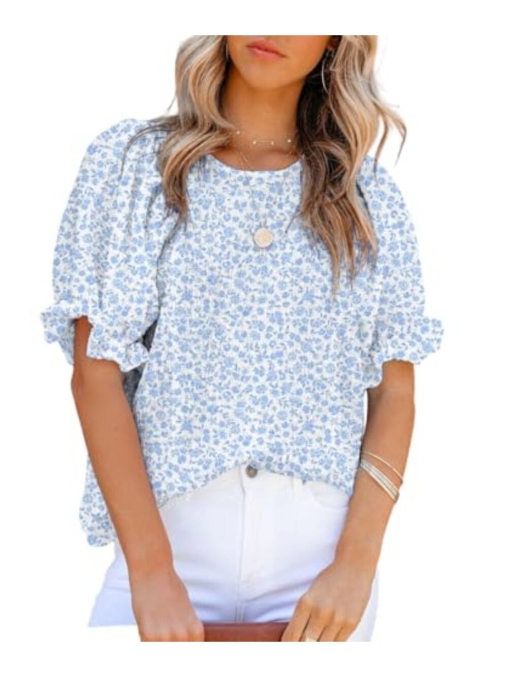 Smocked Puff Sleeve Floral Babydoll Blouse Tunic Relaxed Fit Short Sleeve